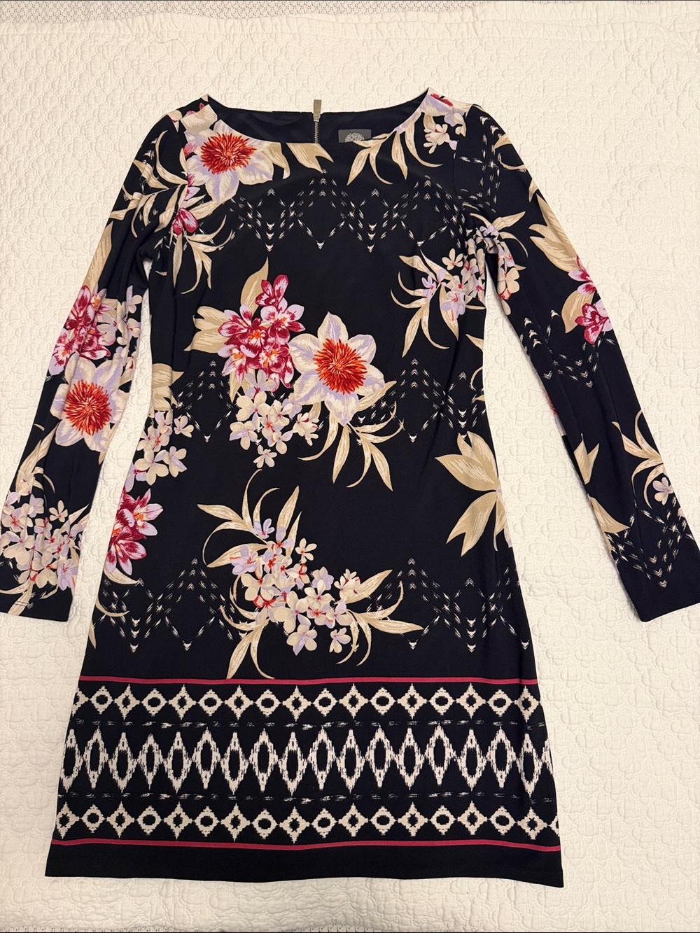 Vince Camuto Navy Floral Long-Sleeve Dress with Pink & Cream Blooms